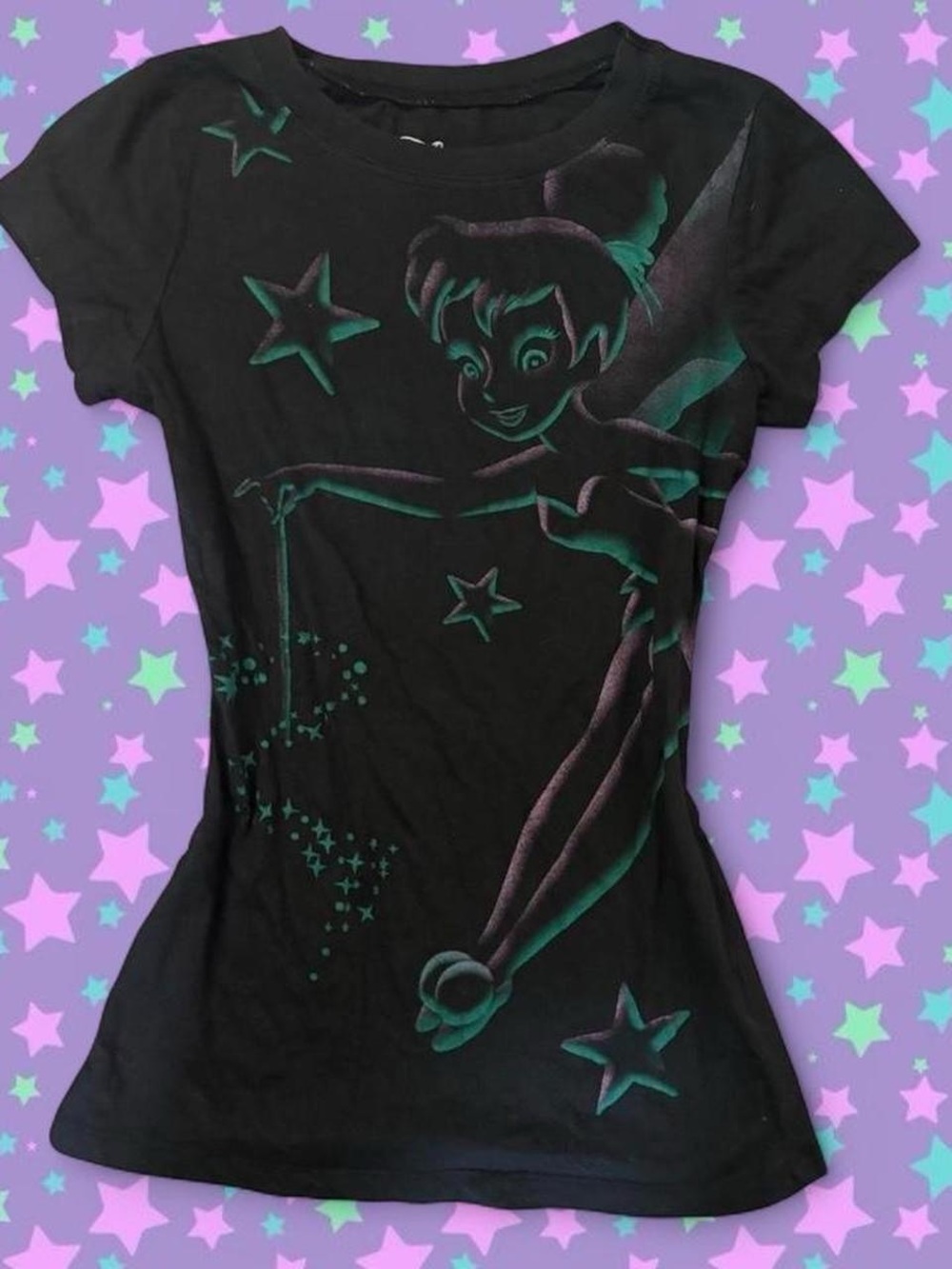 Vintage Y2k Tinkerbell Black and Green Fitted Graphic Baby Tee ~ Size XS